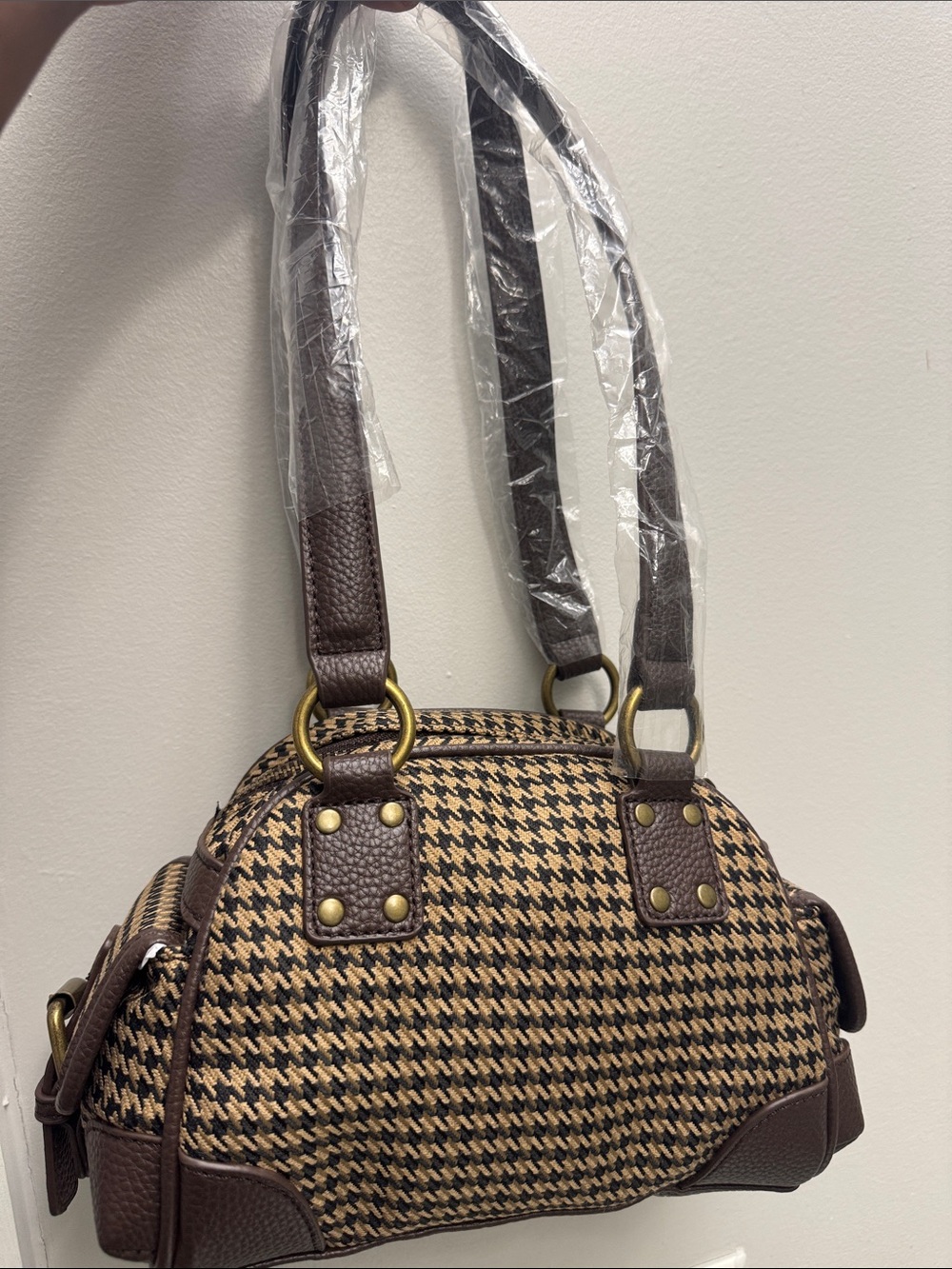Dolls Kill Brown Houndstooth Shoulder Satchel